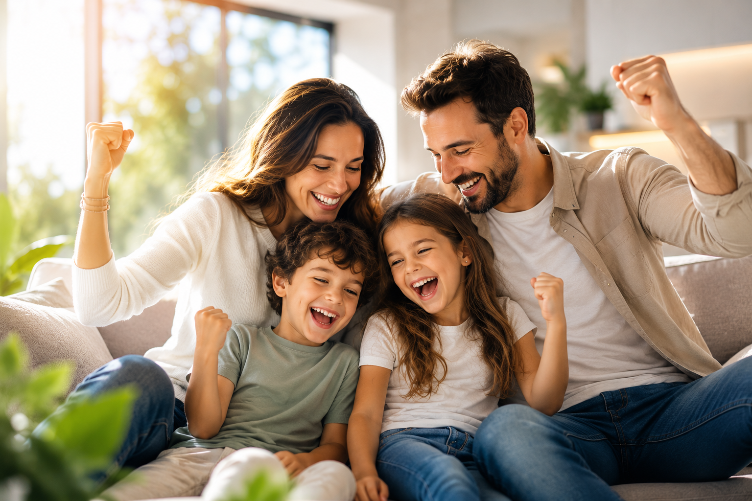 Família feliz a celebrar com Poupio